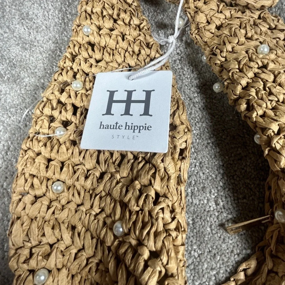 Haute Hippie Hobo Bag Tan Faux Pearl Straw Knotted Handle Women Purse